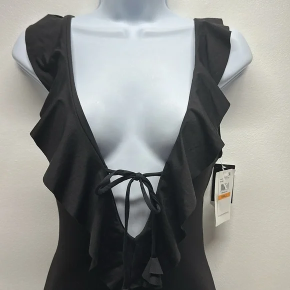 Becca Socialite Swimsuit One Piece V-Neck Ruffled Plunging Black New Size Small - Picture 3 of 12
